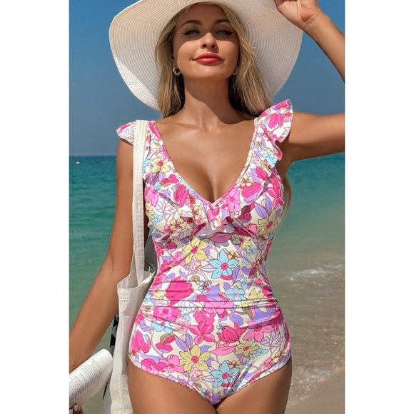 Other - Floral Ruffle Trim V Neck Lace-up Back Tummy Control One Piece Swimsuit